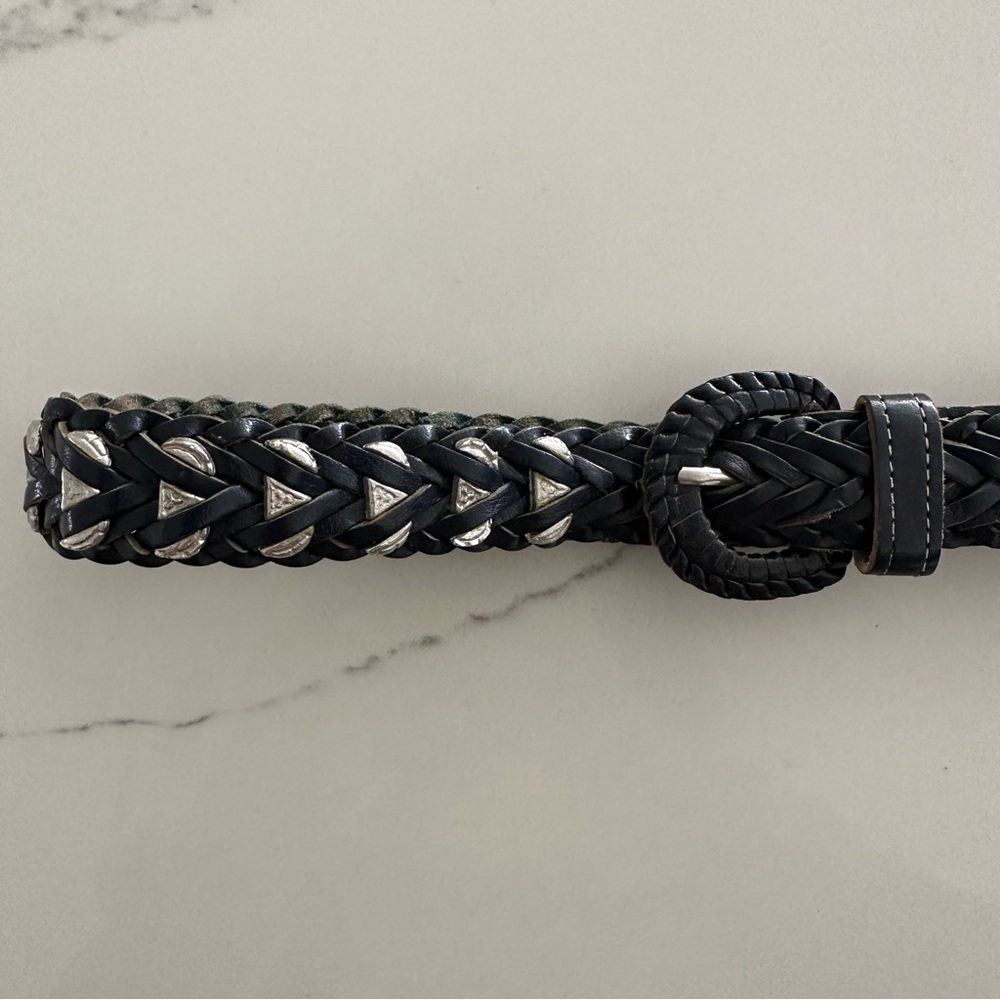 Vintage Anthropologie Western Style Braided Leather Silver Belt Navy Blue Medium - Picture 5 of 8